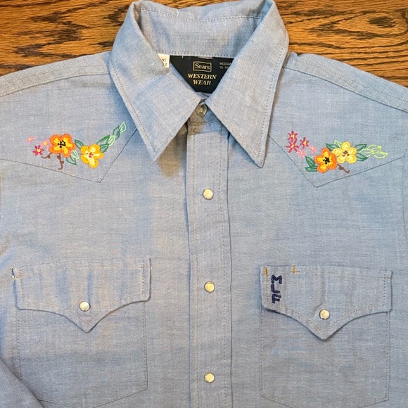 Vintage Sears Chambray Embroidered Western Shirt with Pearl Snaps sz M - Picture 2 of 14